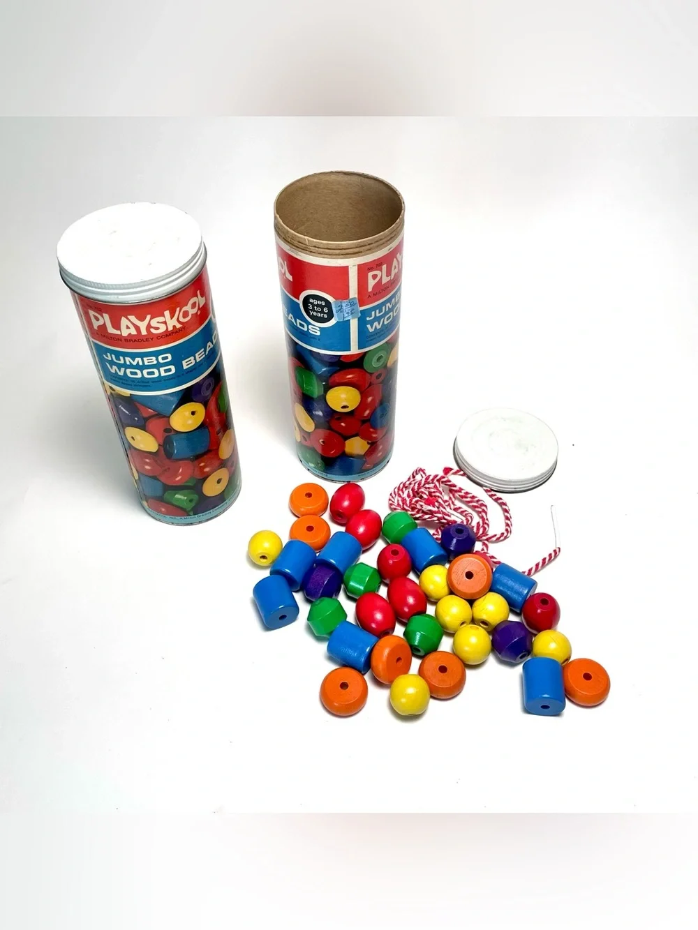 Vintage Playskool Wooden Toy Lot Jumbo Wood Beads Canisters & Balance Scale Man